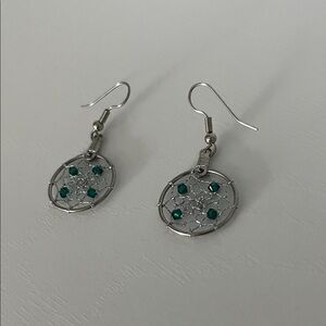 Silver Dreamcatcher Earrings with Green Accents